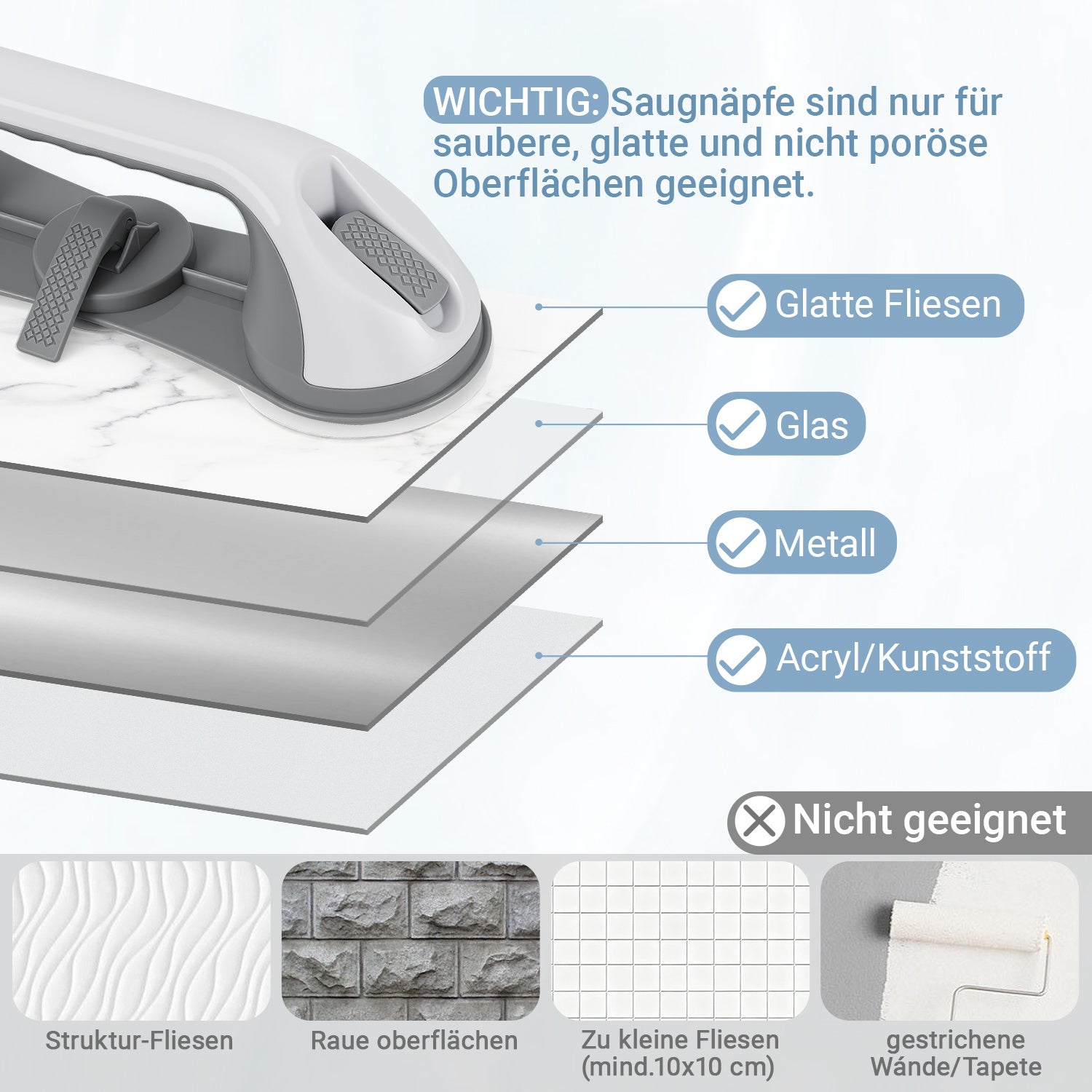 SWANEW 2PC Badewannengriff MAX 110 KG, 28CM Haltegriff Dusche mit Saugnapf, Abnehmbare Duschgriff, ohne Bohren