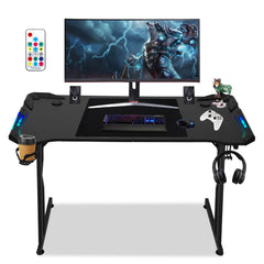 SWANEW Gaming Schreibtisch 120/140 cm, Gaming Tisch mit LED, Computertisch