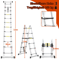 SWANEW 3.8M(1.9+1.9) M Aluminium Teleskopleiter, Klappleiter, Ausziehbare Leiter, Rutschfester Stehleiter, 150kg Belastbarkeit