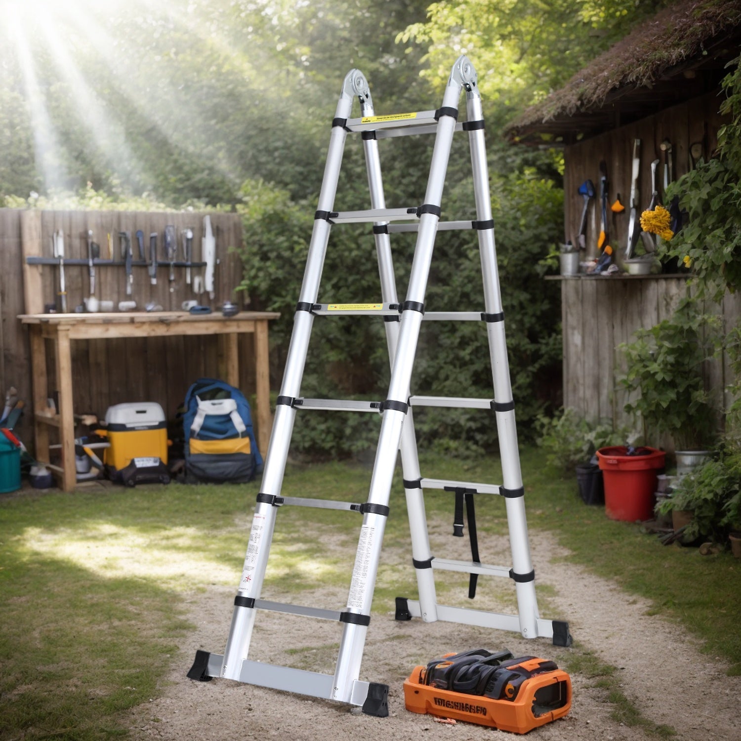 SWANEW 3.8M(1.9+1.9) M Aluminium Teleskopleiter, Klappleiter, Ausziehbare Leiter, Rutschfester Stehleiter, 150kg Belastbarkeit