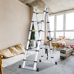 SWANEW 3.8M(1.9+1.9) M Aluminium Teleskopleiter, Klappleiter, Ausziehbare Leiter, Rutschfester Stehleiter, 150kg Belastbarkeit