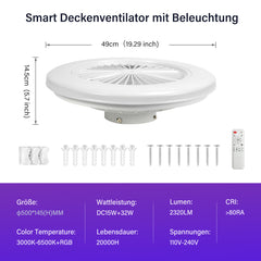 SWANEW Deckenventilator mit RGB LED Beleuchtung, 6 Geschwindigkeiten,  Stufenloses Dimmen, φ49cm, Ventilator Lüfter Deckenlampe