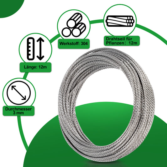 SWANEW Rankhilfe, Edelstahl Drahtseil, , Rankseilsystem Set 12M, mit Wandhaltern und 3mm Stahlseil, für Kletterpflanzen