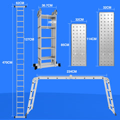 SWANEW 3,6m/4,7m/5,82m Aluminium Mehrzweckleiter 4x3/4x4/4x5 Stufen, Multifunktionsleiter mit 2 Plattform und Räder, Klappleiter, Trittleiter