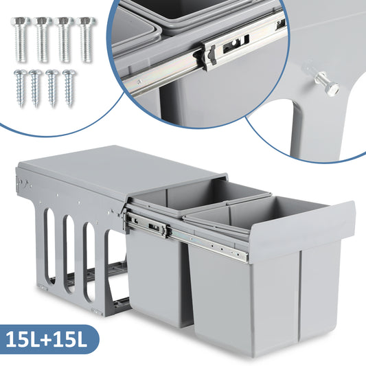 SWANEW 2x Abfallsammler, Einbau Mülleimer 2 x 15L, Mülltrennungssystem Mülleimer küche, Abfalleimer mit Teleskopschienen, für Schränke ab 350 mm Breite