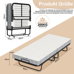 SWANEW Klappbett 90x200cm, Gästebett Klappbar mit ca.13CM Dicke Hochdichter Schaumstoff Matratze, Einzelbett mit Rollen