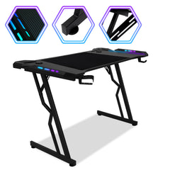 SWANEW Gaming Schreibtisch 120/140 cm, Gaming Tisch mit LED, Computertisch
