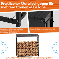 SWANEW Kaminholzregal, Metall brennholzregal, Feuerholzregal, mit Dach, 185x70x185cm