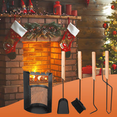 SWANEW Kaminbesteck, 4-teiliges Kaminbesteck Set, Kamingarnitur, Kaminzubehör mit Holzgriff und Halbkreisförmiges Leichentuch