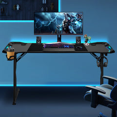 SWANEW Gaming Schreibtisch 120/140 cm, Gaming Tisch mit LED, Computertisch