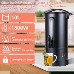 SWANEW Glühweinkocher 10L, 1800W Heißgetränkespender Glühweinkessel Edelstahl Glühweinautomat  mit Zapfhahn Thermostat, Einstellbare Temperatur von 30-110°C