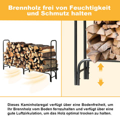 SWANEW Großes Kaminholzregal mit wasserdichter Abdeckung Feuerholzregal Metall Schwarz 244x34.5x124cm Brennholzregal für Innen- und Außenbereich Wetterfest