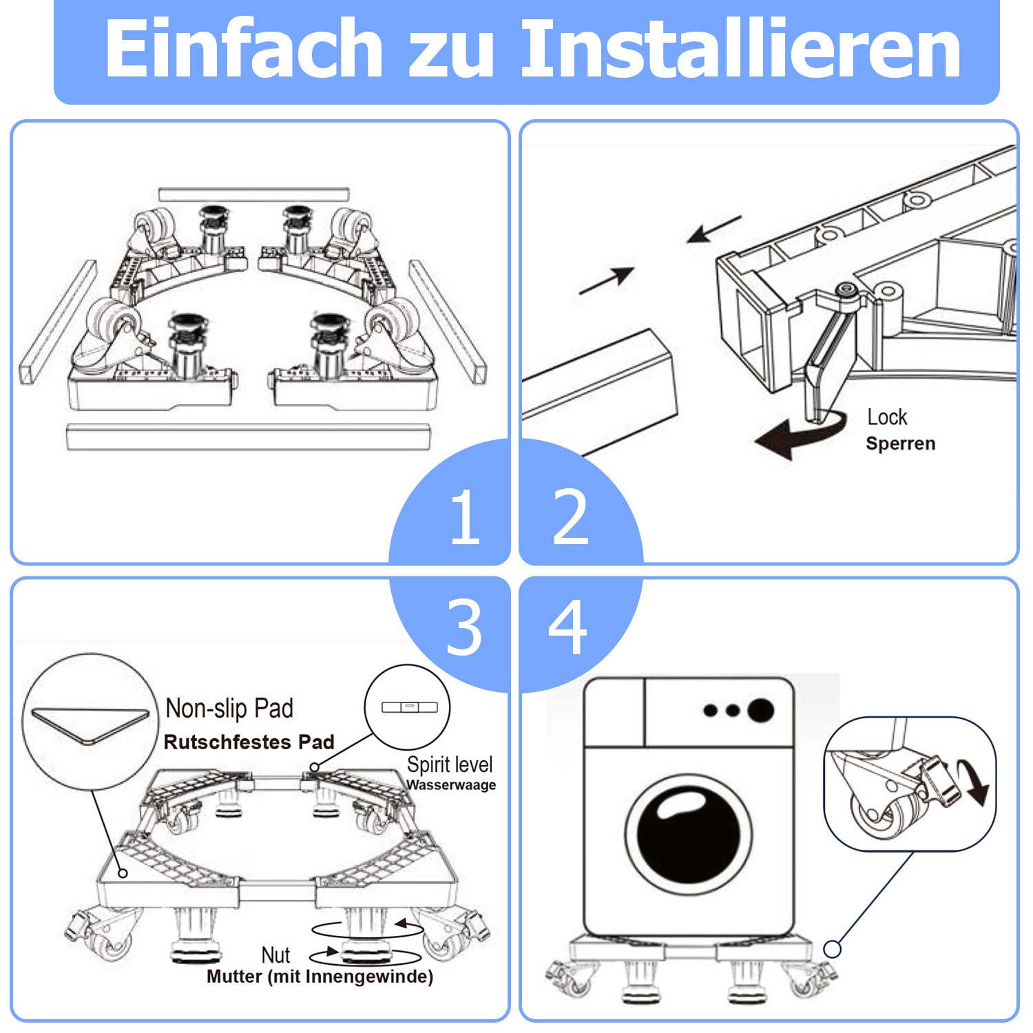 SWANEW Waschmaschinen Untergestell, 41-65cm 8 Füße und 4 Räder,  Verstellbare Waschmaschine Sockel, Podeste & Rahmen für Gefrierschrank