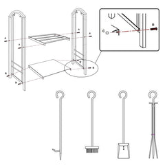 SWANEW kaminholzregal Innen und Aussen, mit Kaminbesteck, Metall Brennholzregal, Holzunterstand für Kaminholz, 37 x 33 x 74CM, Schwarz