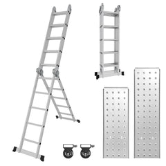 SWANEW 3,6m/4,7m/5,82m Aluminium Mehrzweckleiter 4x3/4x4/4x5 Stufen, Multifunktionsleiter mit 2 Plattform und Räder, Klappleiter, Trittleiter