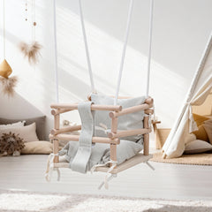 SWANEW Babyschaukel aus Holz – Kinderschaukel Indoor & Outdoor, höhenverstellbarer Schaukelsitz mit Polsterung, stabile Seile, Tragkraft bis 50 kg