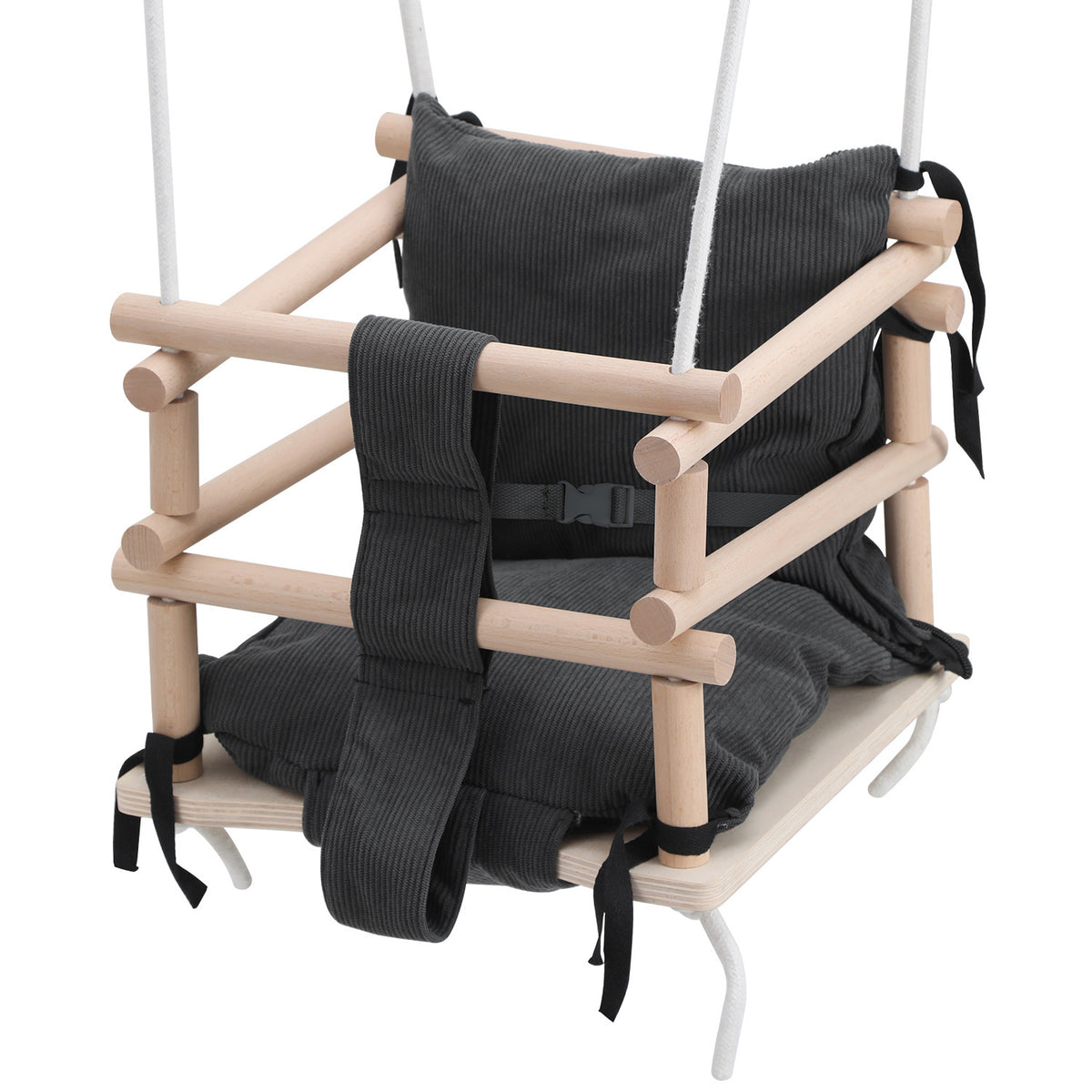 SWANEW Babyschaukel aus Holz – Kinderschaukel Indoor & Outdoor, höhenverstellbarer Schaukelsitz mit Polsterung, stabile Seile, Tragkraft bis 50 kg