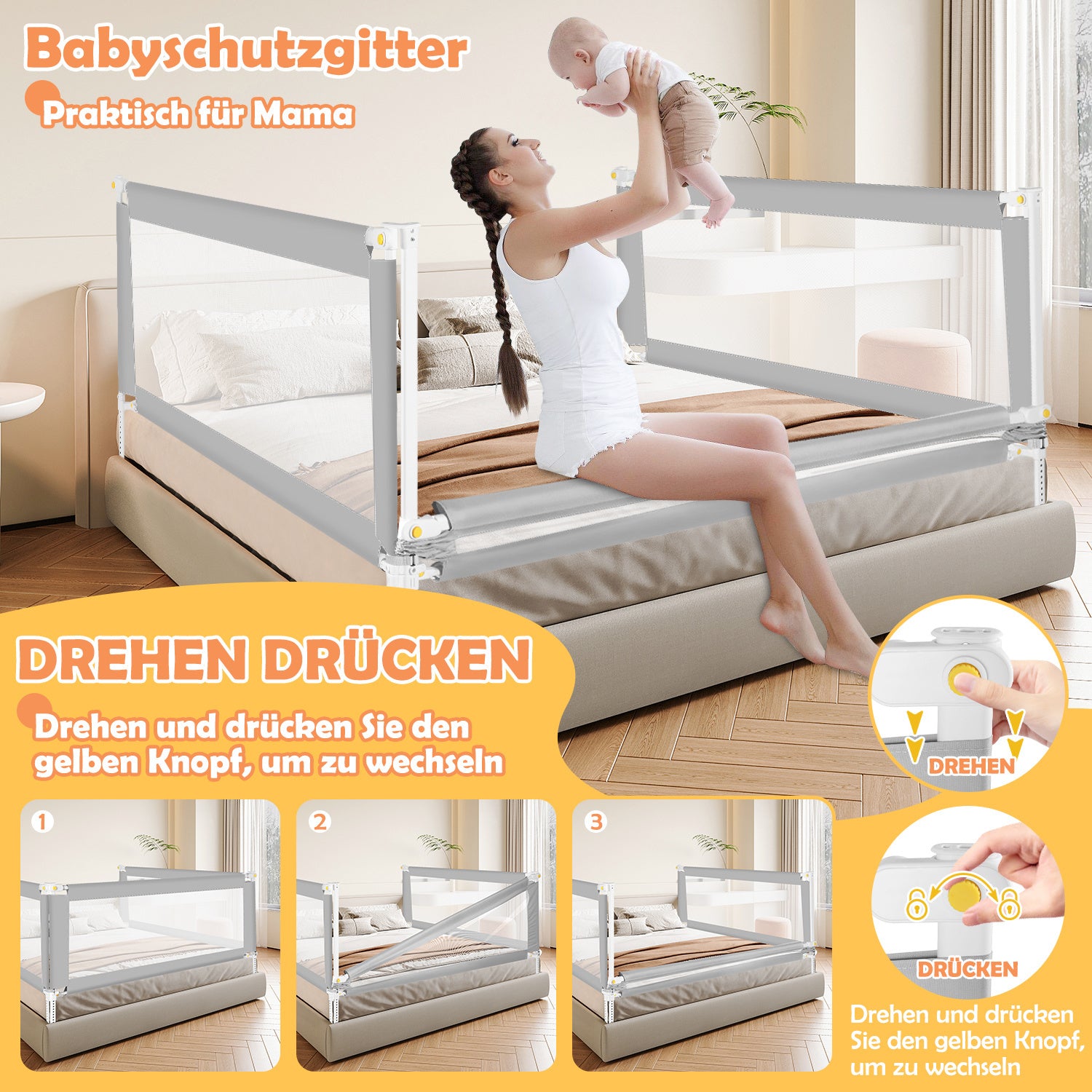 SWANEW Bettgitter Klappbar, Bettgitter Rausfallschutz höhenverstellbar (68 – 95 cm), Bettschutzgitter mit U-förmige Basis