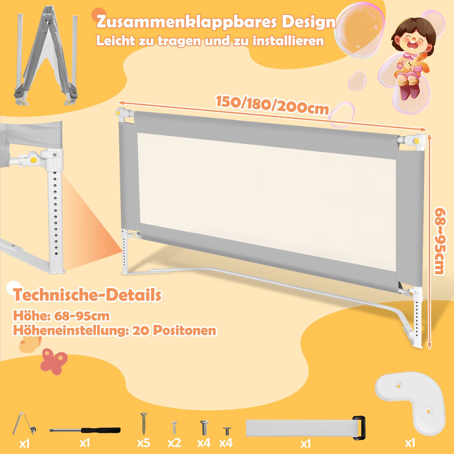 SWANEW Bettgitter Klappbar, Bettgitter Rausfallschutz höhenverstellbar (68 – 95 cm), Bettschutzgitter mit U-förmige Basis