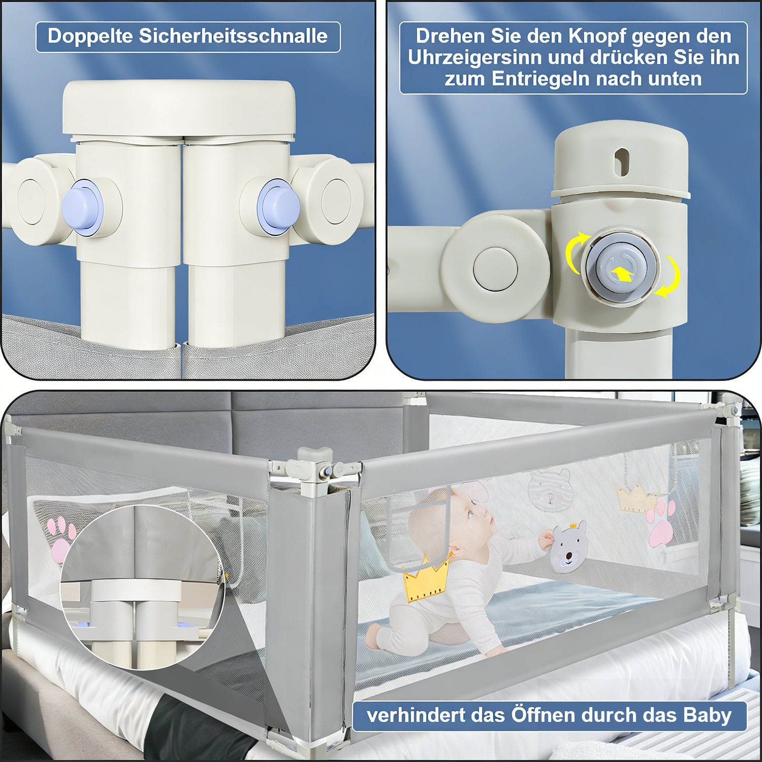 SWANEW Bettgitter Rausfallschutz Höhenverstellbar 70-98cm, Kinderbettschutzgitter Kinderbettgitter für Kinder & Elternbetten