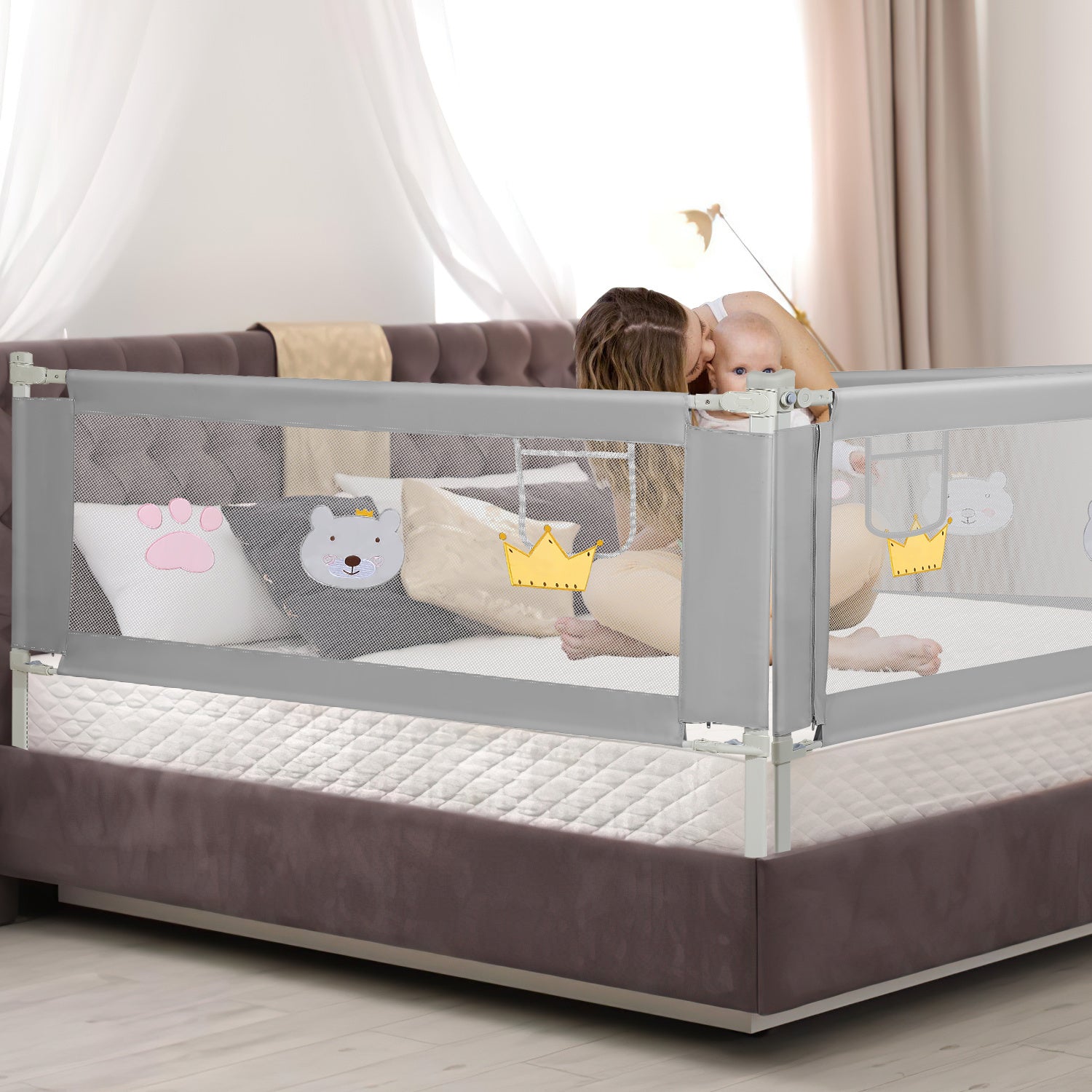 SWANEW Bettgitter Rausfallschutz Höhenverstellbar 70-98cm, Kinderbettschutzgitter Kinderbettgitter für Kinder & Elternbetten
