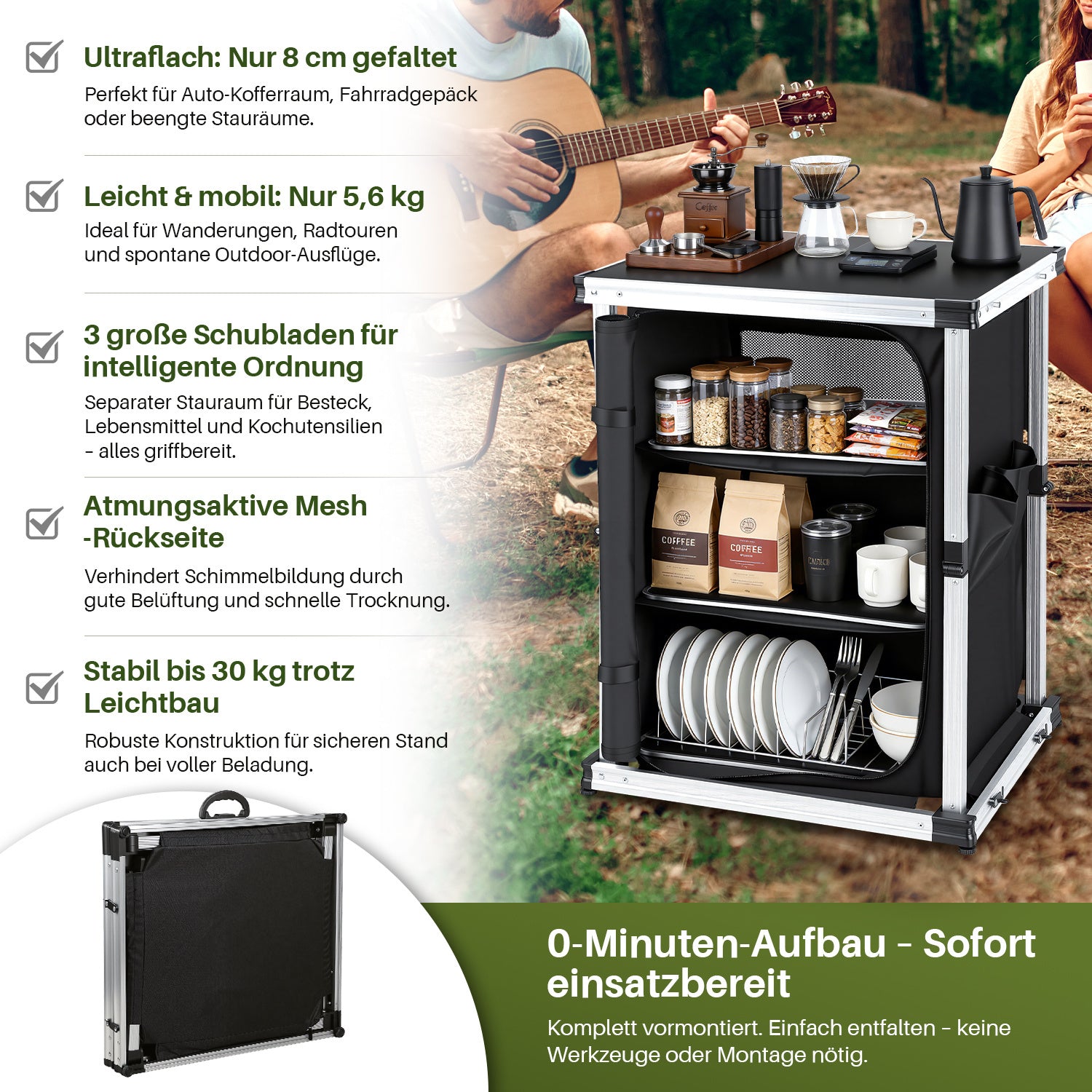 SWANEW Campingküche Campingschrank Klappbar,  Mobiler Küchenschrank, mit 3 Fächern & Tasche