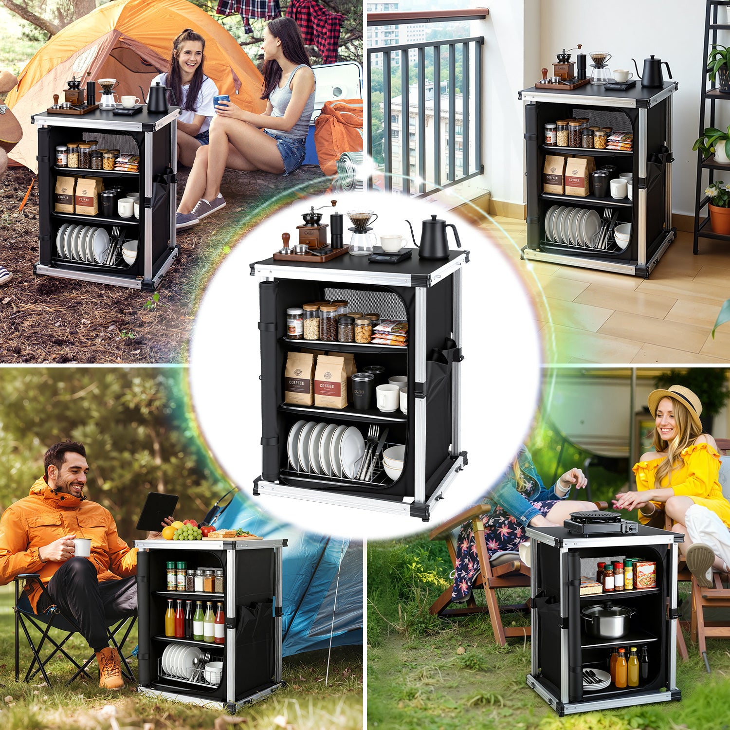 SWANEW Campingküche Campingschrank Klappbar,  Mobiler Küchenschrank, mit 3 Fächern & Tasche
