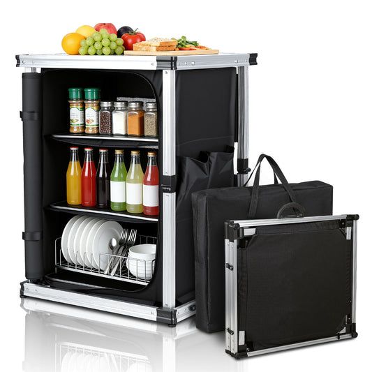 SWANEW Campingküche Campingschrank Klappbar,  Mobiler Küchenschrank, mit 3 Fächern & Tasche