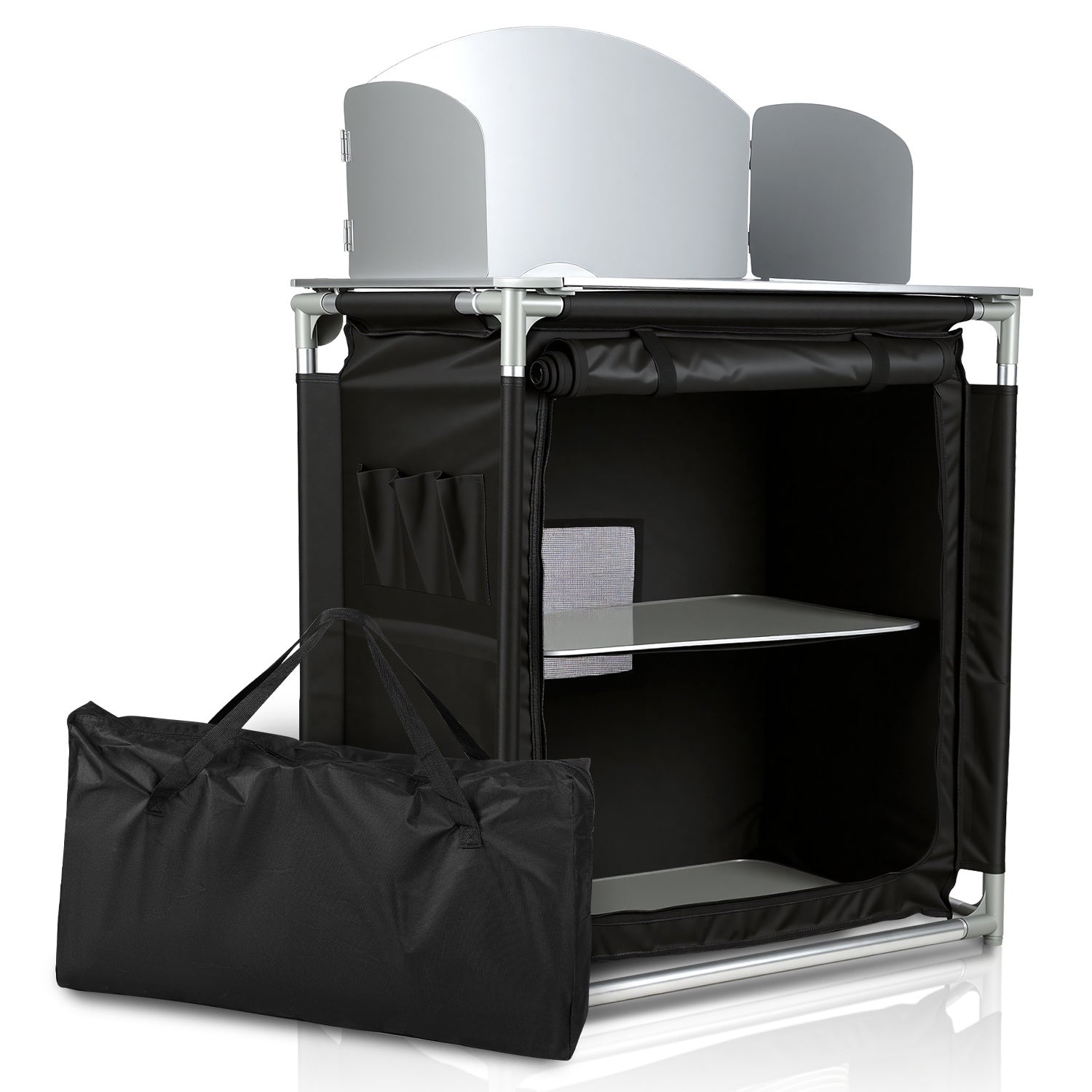 SWANEW Campingküche Campingschrank Klappbar, Reiseküche für Camping, mit Doppel Schubladen und Spritzschutz