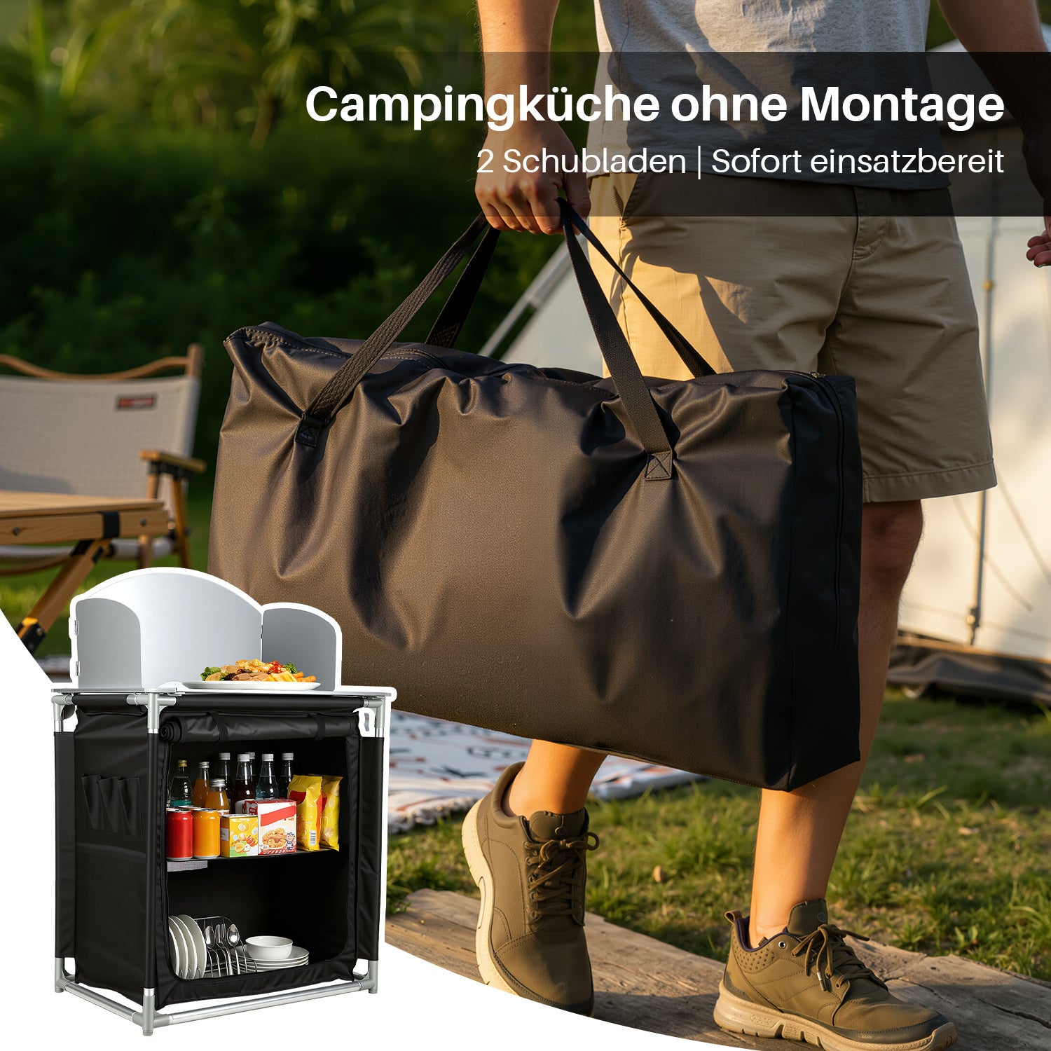 SWANEW Campingküche Campingschrank Klappbar, Reiseküche für Camping, mit Doppel Schubladen und Spritzschutz