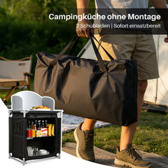 SWANEW Campingküche Campingschrank Klappbar, Reiseküche für Camping, mit Doppel Schubladen und Spritzschutz
