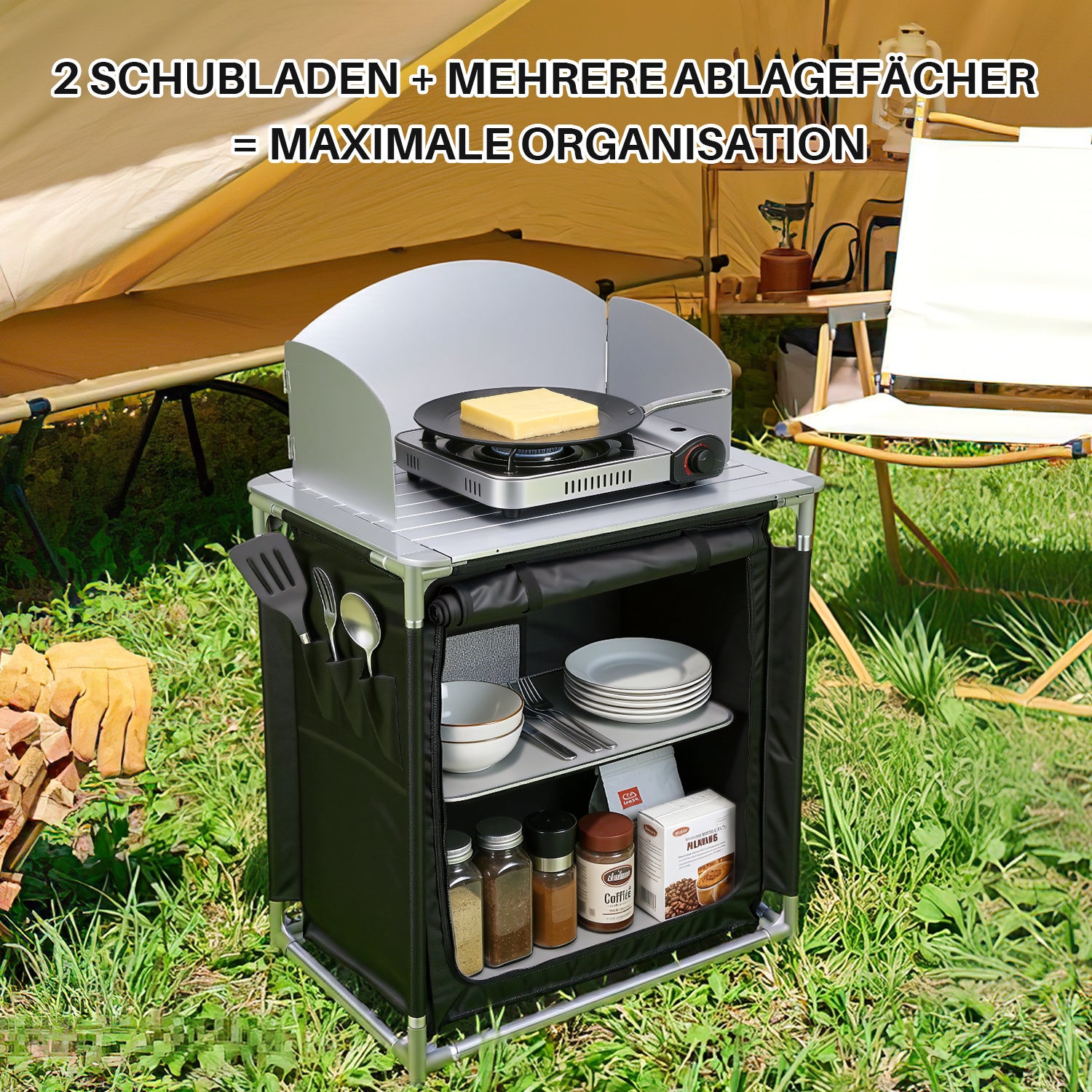 SWANEW Campingküche Campingschrank Klappbar, Reiseküche für Camping, mit Doppel Schubladen und Spritzschutz