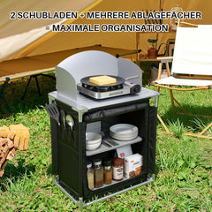 SWANEW Campingküche Campingschrank Klappbar, Reiseküche für Camping, mit Doppel Schubladen und Spritzschutz