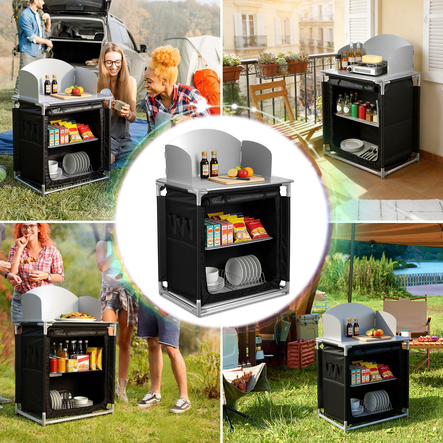 SWANEW Campingküche Campingschrank Klappbar, Reiseküche für Camping, mit Doppel Schubladen und Spritzschutz