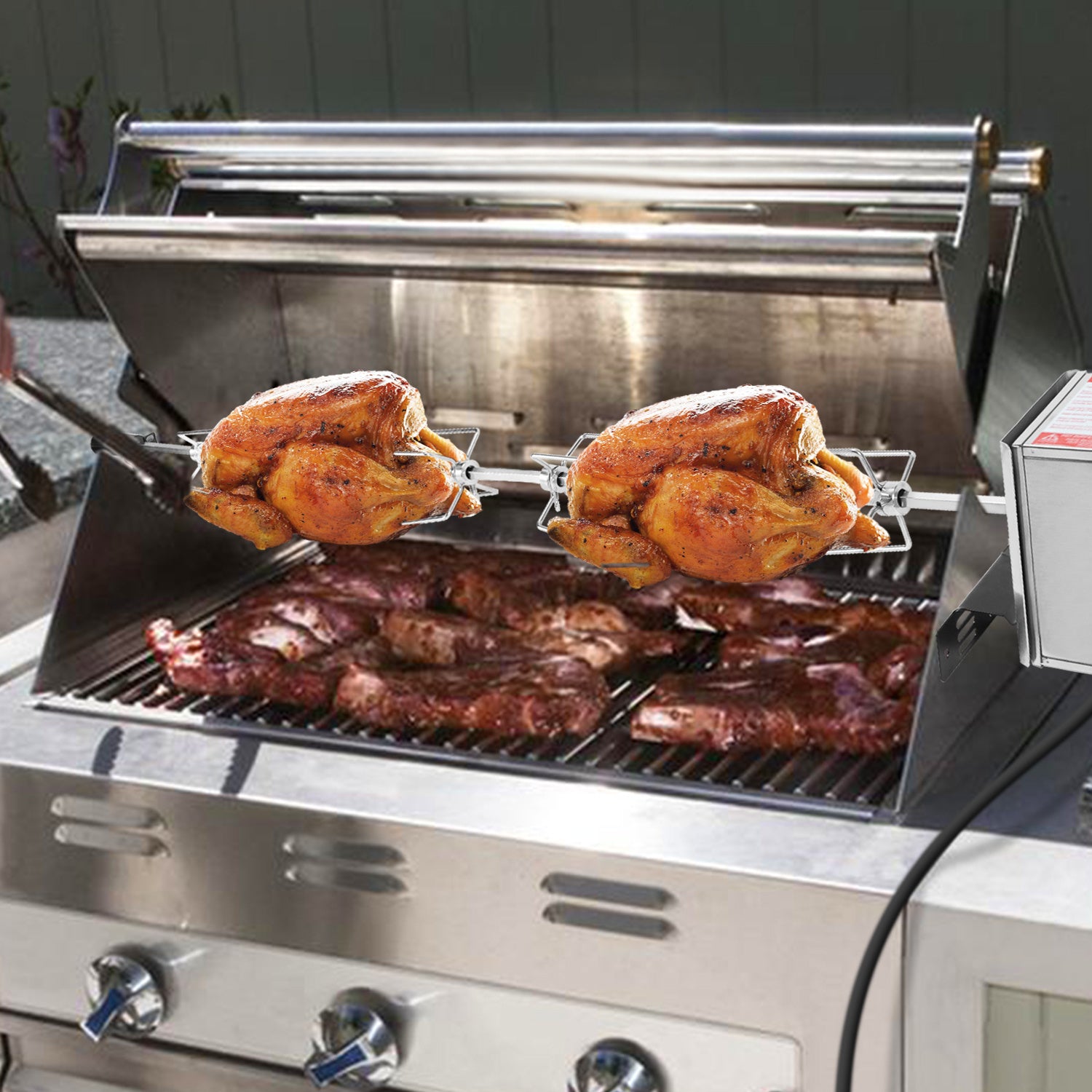 SWANEW Elektrischer Edelstahl Grillspieß 117 cm – 4x Fleischnadeln, Universal Rotisserie Set, bis 10 kg Traglast, 220–240 V für Gasgrill & BBQ