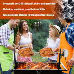 SWANEW Elektrischer Edelstahl Grillspieß 117 cm – 4x Fleischnadeln, Universal Rotisserie Set, bis 10 kg Traglast, 220–240 V für Gasgrill & BBQ