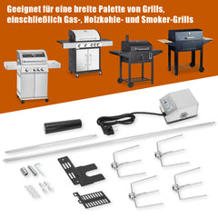 SWANEW Elektrischer Edelstahl Grillspieß 117 cm – 4x Fleischnadeln, Universal Rotisserie Set, bis 10 kg Traglast, 220–240 V für Gasgrill & BBQ