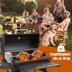 SWANEW Elektrischer Edelstahl Grillspieß 117 cm – 4x Fleischnadeln, Universal Rotisserie Set, bis 10 kg Traglast, 220–240 V für Gasgrill & BBQ