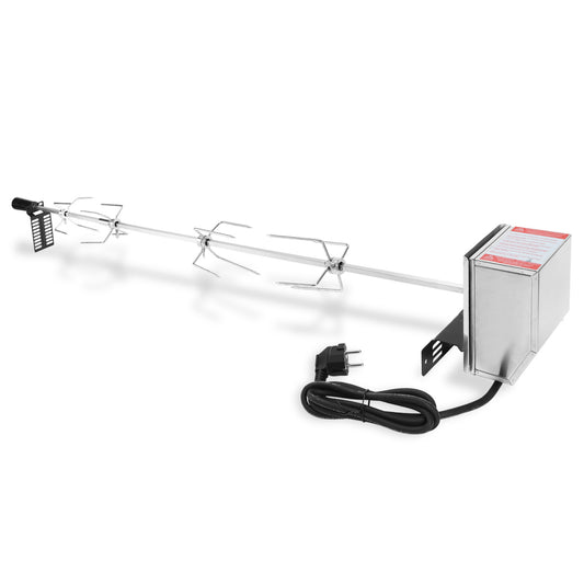 SWANEW Elektrischer Edelstahl Grillspieß 117 cm – 4x Fleischnadeln, Universal Rotisserie Set, bis 10 kg Traglast, 220–240 V für Gasgrill & BBQ