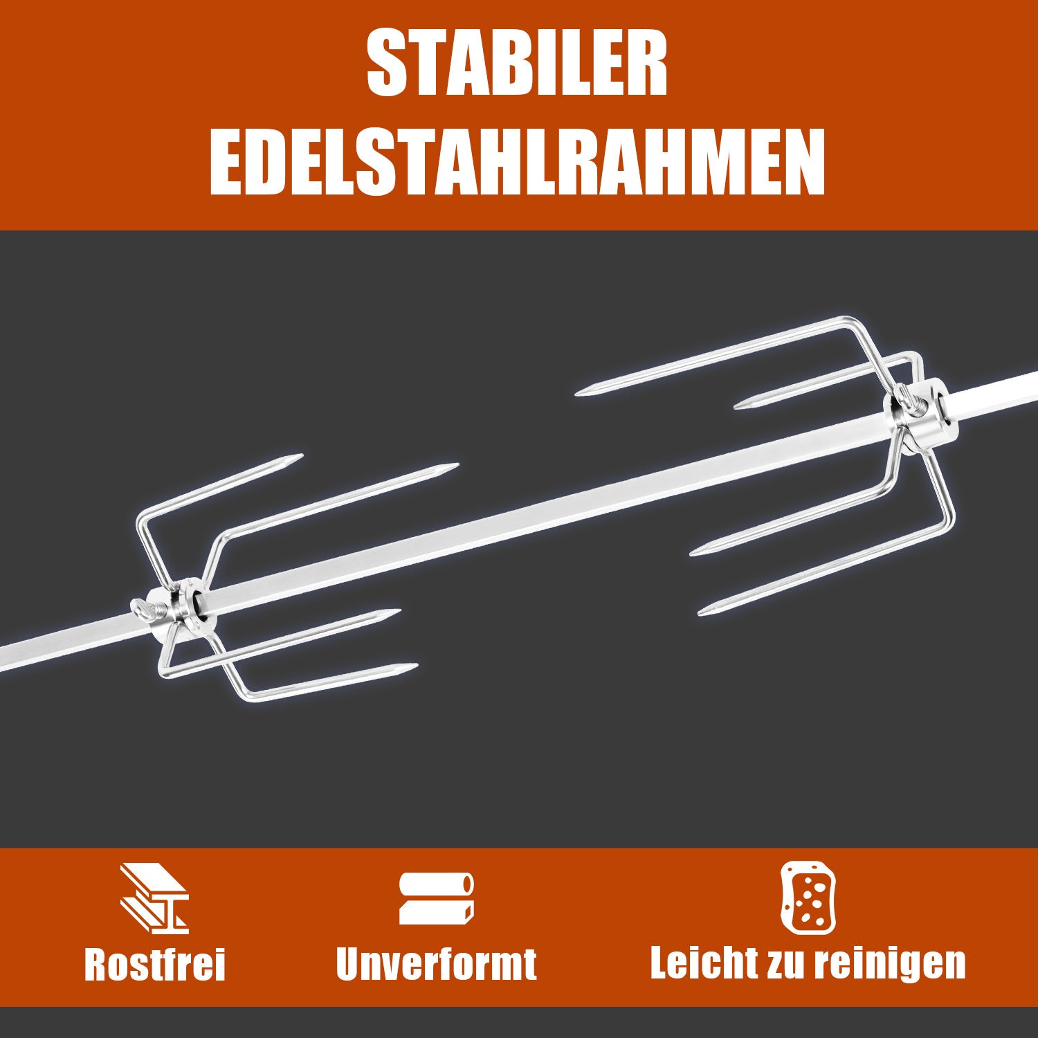 SWANEW Elektrischer Edelstahl Grillspieß 117 cm – 4x Fleischnadeln, Universal Rotisserie Set, bis 10 kg Traglast, 220–240 V für Gasgrill & BBQ