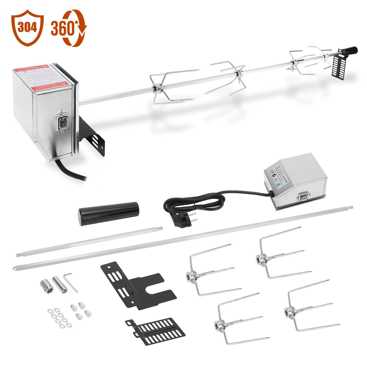 SWANEW Elektrischer Edelstahl Grillspieß 117 cm – 4x Fleischnadeln, Universal Rotisserie Set, bis 10 kg Traglast, 220–240 V für Gasgrill & BBQ