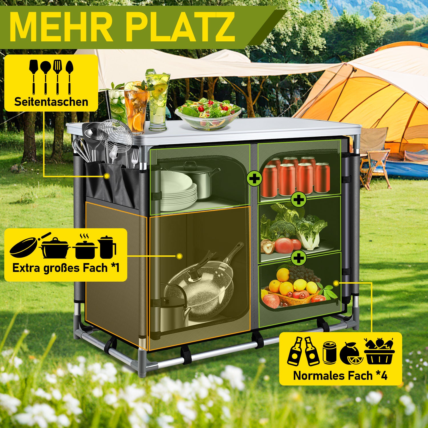 SWANEW Faltbare Campingküche mit Aluminiumrahmen – tragbarer Campingschrank / Outdoorküche mit 5 Fächern und 3 Außentaschen für Camping, Vanlife & Garten