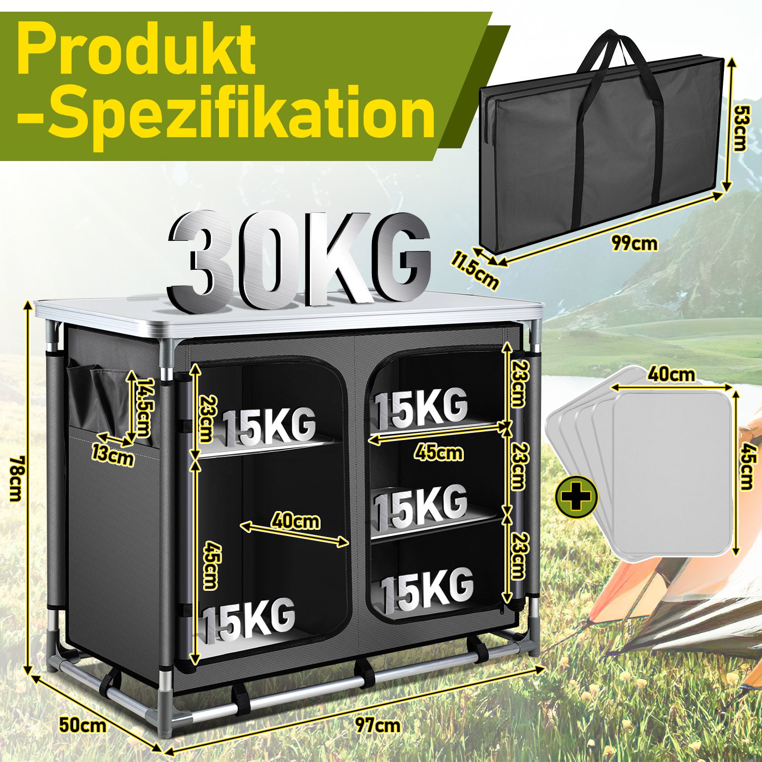 SWANEW Faltbare Campingküche mit Aluminiumrahmen – tragbarer Campingschrank / Outdoorküche mit 5 Fächern und 3 Außentaschen für Camping, Vanlife & Garten