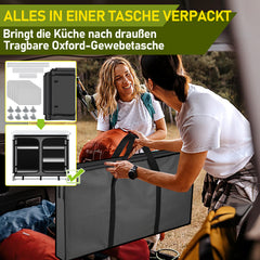 SWANEW Faltbare Campingküche mit Aluminiumrahmen – tragbarer Campingschrank / Outdoorküche mit 5 Fächern und 3 Außentaschen für Camping, Vanlife & Garten