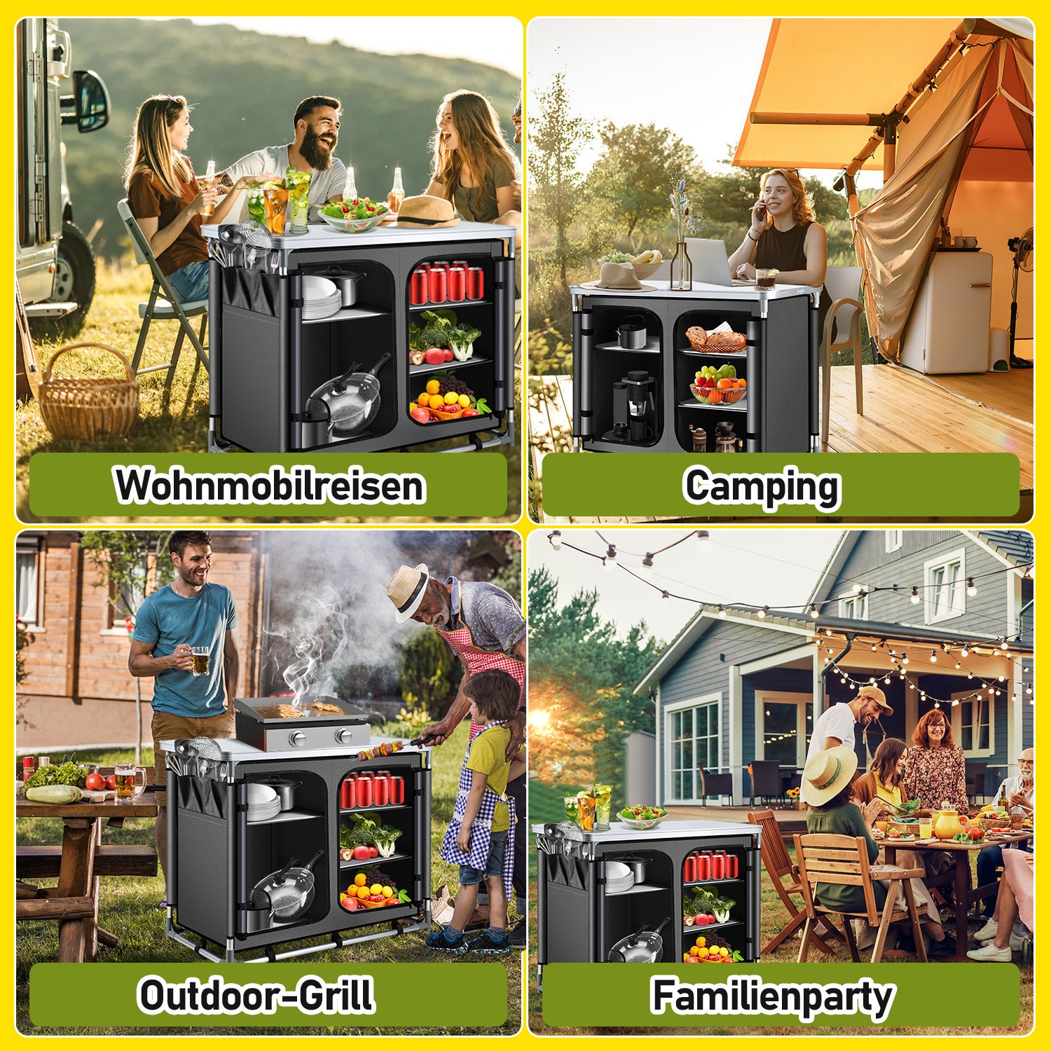 SWANEW Faltbare Campingküche mit Aluminiumrahmen – tragbarer Campingschrank / Outdoorküche mit 5 Fächern und 3 Außentaschen für Camping, Vanlife & Garten