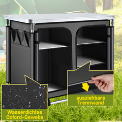 SWANEW Faltbare Campingküche mit Aluminiumrahmen – tragbarer Campingschrank / Outdoorküche mit 5 Fächern und 3 Außentaschen für Camping, Vanlife & Garten