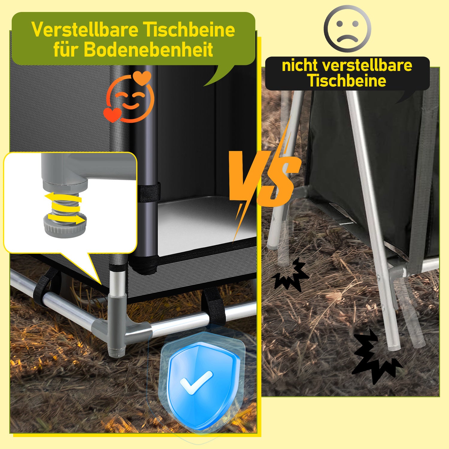 SWANEW Faltbare Campingküche mit Aluminiumrahmen – tragbarer Campingschrank / Outdoorküche mit 5 Fächern und 3 Außentaschen für Camping, Vanlife & Garten