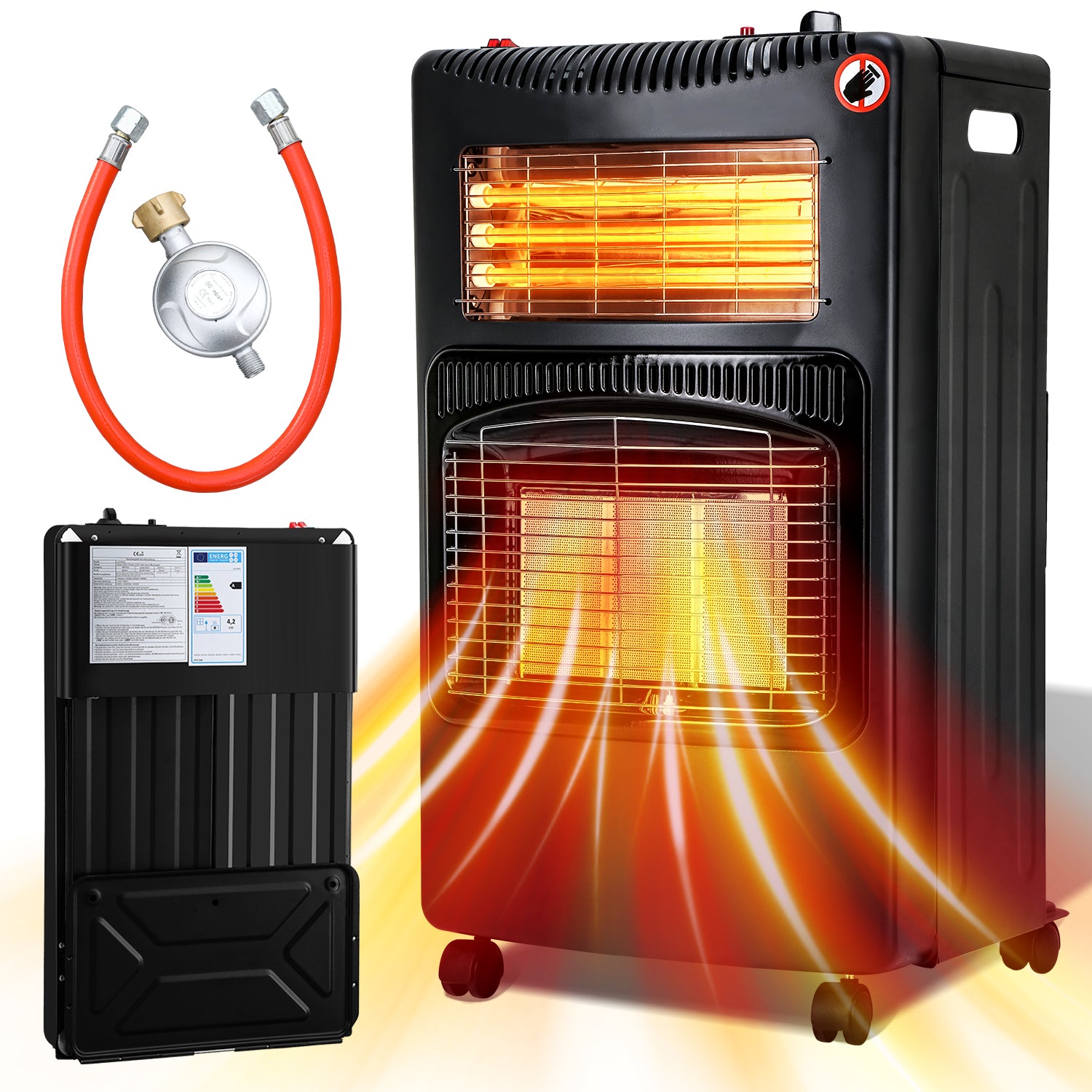 SWANEW Gasheizung, Gasheizer 4200W & Elektroheizung 1260W, Elektrische Gas-Zweizweckheizgeräte, Infrarot Heizstrahler, Heizstrahler Gasheizgerät mit 3 Schutzvorrichtungen [Energieklasse A]