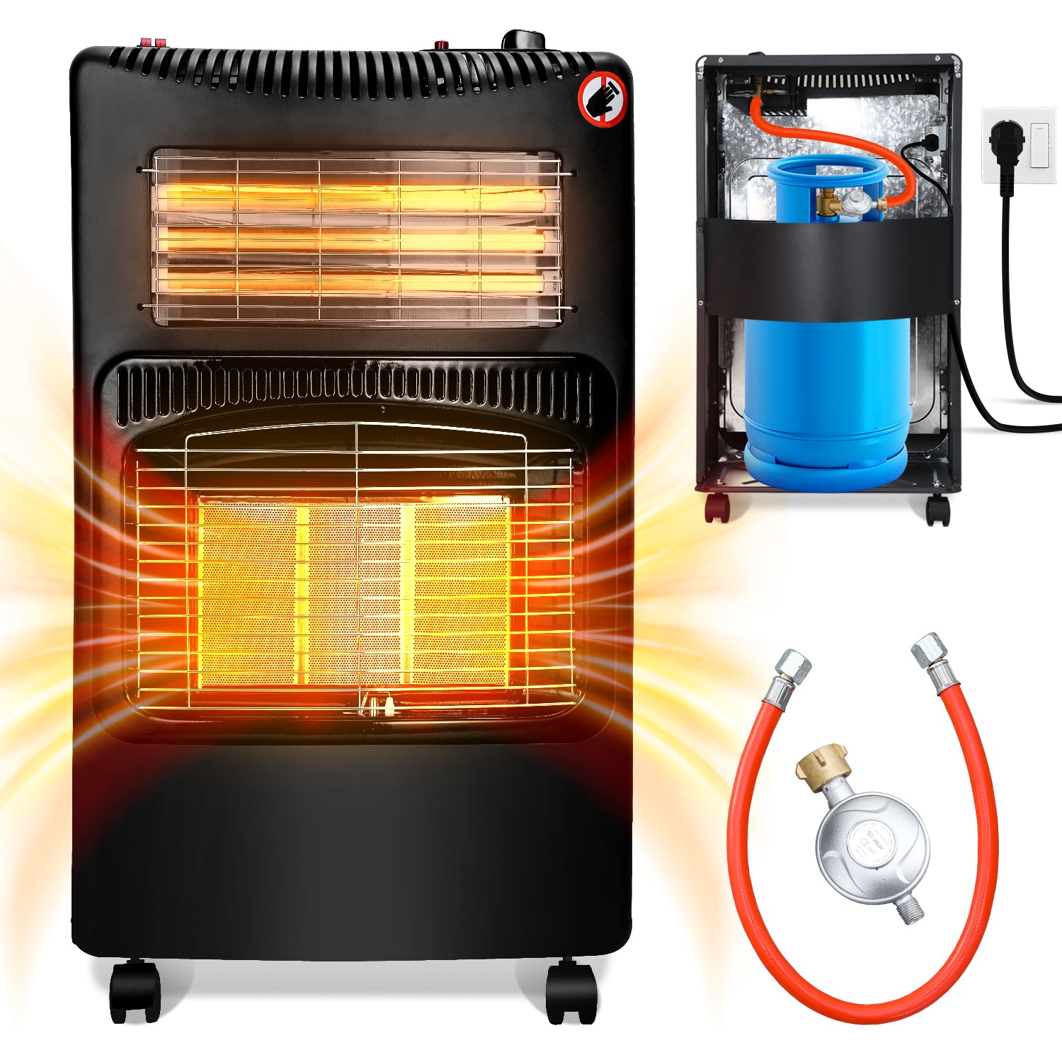 SWANEW Gasheizung, Gasheizer 4200W & Elektroheizung 1260W, Elektrische Gas-Zweizweckheizgeräte, Infrarot Heizstrahler, Heizstrahler Gasheizgerät mit 3 Schutzvorrichtungen [Energieklasse A]