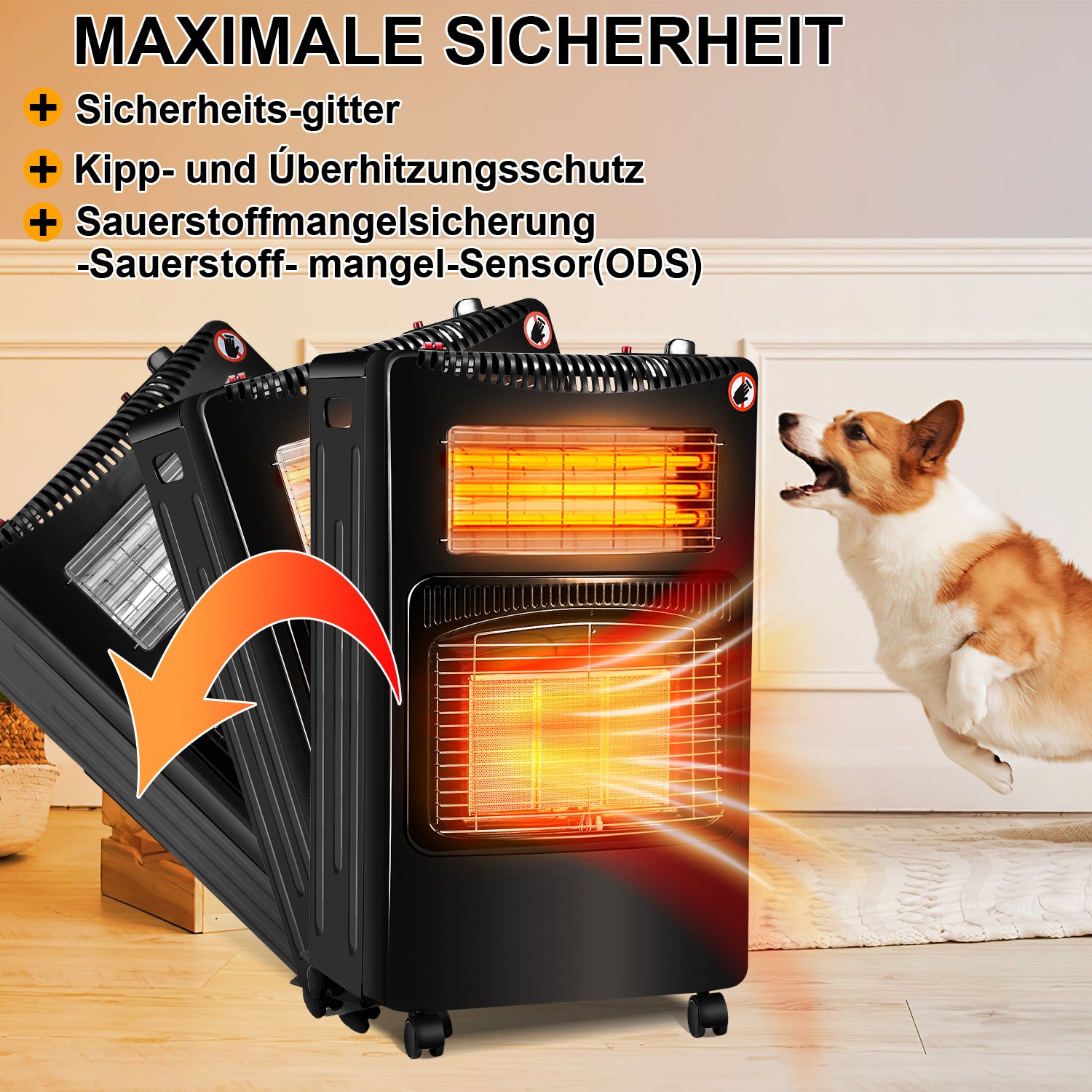 SWANEW Gasheizung, Gasheizer 4200W & Elektroheizung 1260W, Elektrische Gas-Zweizweckheizgeräte, Infrarot Heizstrahler, Heizstrahler Gasheizgerät mit 3 Schutzvorrichtungen [Energieklasse A]